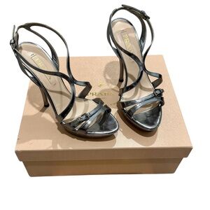 Prada Metallic Silver Platform Strappy Heels